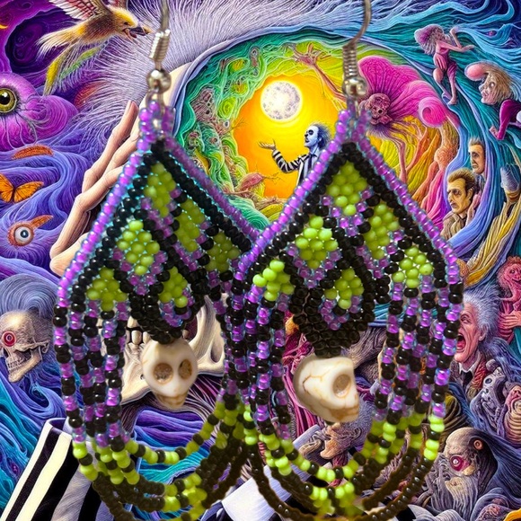 Handcrafted Beetlejuice Themed Howlite Skull Stone & Glass Bead Earrings - Picture 3 of 4